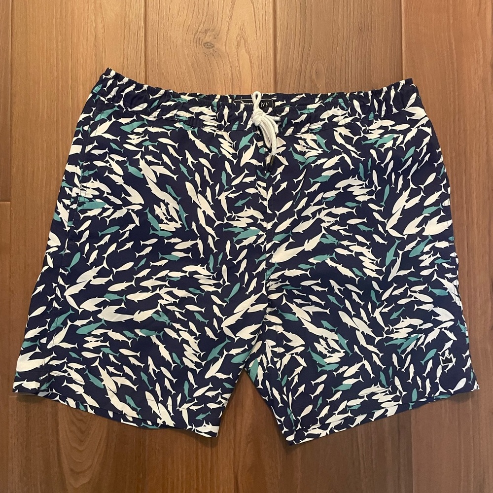 Crown & Ivy Navy and White Fish Patterned Swim Trunks